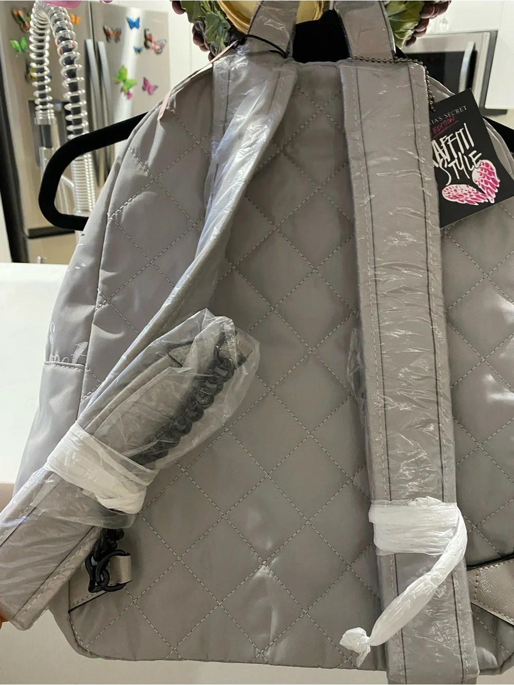 Victoria's Secret Gray Backpack with Pink Graffiti Accents